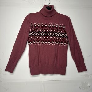 L.L. Bean Women’s Medium Maroon Fair Isle Turtleneck Sweater Pullover Knit